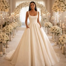 UK Ivory Satin A-Line Wedding Dresses Buttons Pockets Square Neck Bridal Gown