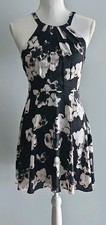 Express Black White Floral Rayon Halter Sleeveless Zip Fit & Flare Short Dress 2