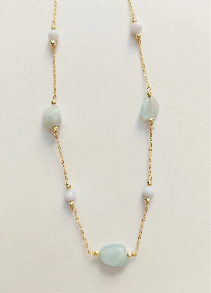 Collana in argento 925 laminata in oro con acquamarina calcedonio ematite dorata - Immagine 2 di 4