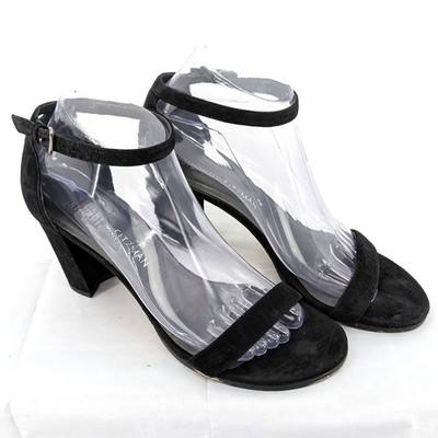 Stuart Weitzman Suede Block Heel Sandals Black Ankle Strap Minimalist 8