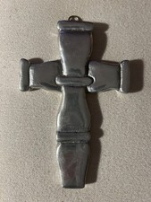 1990's Mexican PEWTER Masculine Hanging Cross 6 3/4” X 4 1/2” HECO EN MEXICO