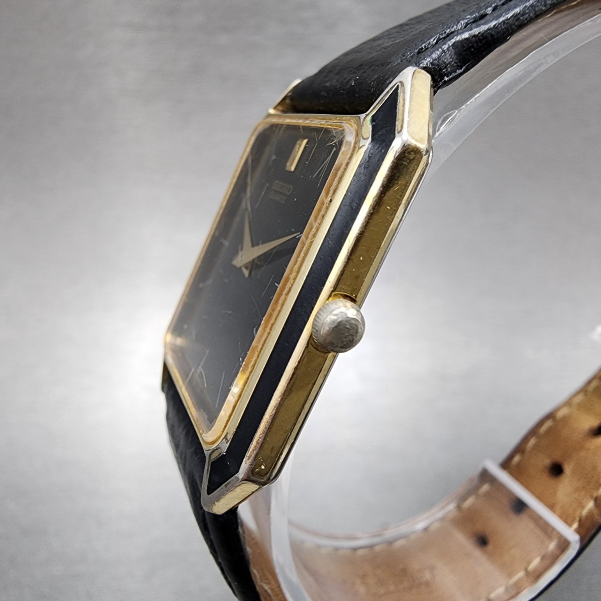 Seiko Tank Watch Men 26mm Black Dial Gold Tone 6530-5589 New