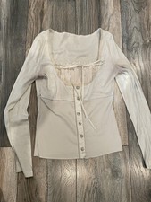 Cream Corset Top Long Sleeve Lace Trim Cottage Core Fairycore Renaissance