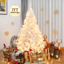 7Ft Artificial White Pine Christmas Tree with Led Lights Xmas Holiday Decoration