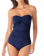 Anne Cole Solid Twist-Front Bandeau 1 Piece Swimsuit Navy Blue Size 10