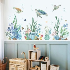 Ocean Wall Decals Watercolor Under The Sea Wild Life Animals Sea Turtles Whal...