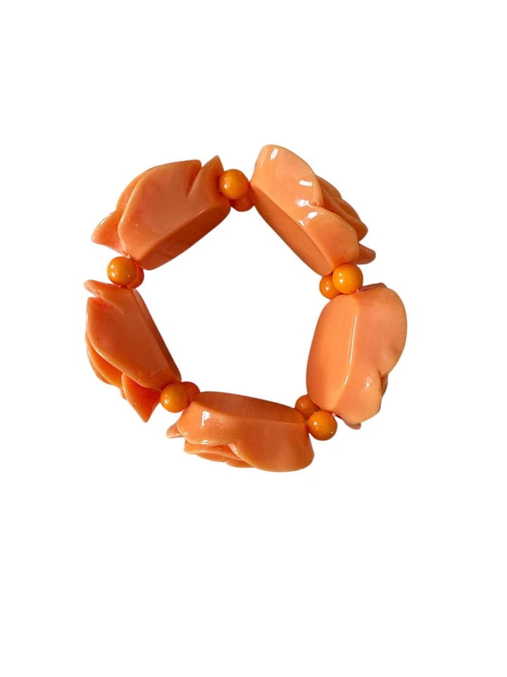 Pulsera elástica vintage retro estilo mediados de siglo mandarina naranja tallada rosa Foto 2 de 3