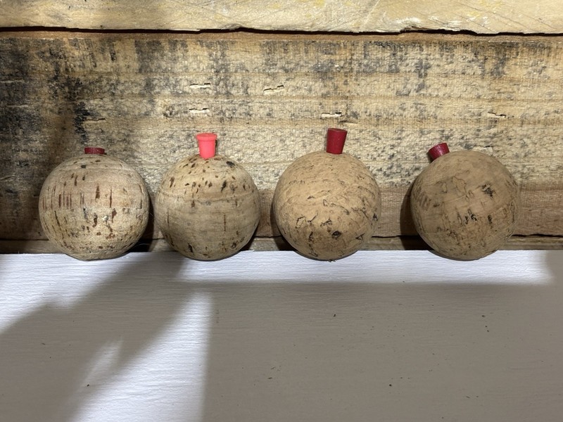 Vintage Antique Real Cork Bobbers Lot Of 4 With Red Stoppers