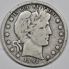 1892-s Barber Half. "LI-TY"& Part of "BER" of Liberty is Visible. VG-F 209454