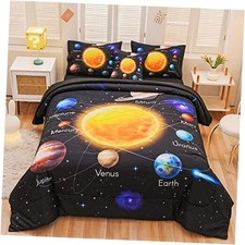 6 Pcs Bed in A Bag Full Comforter Set for Boys, Solar System Full-6Pcs Black