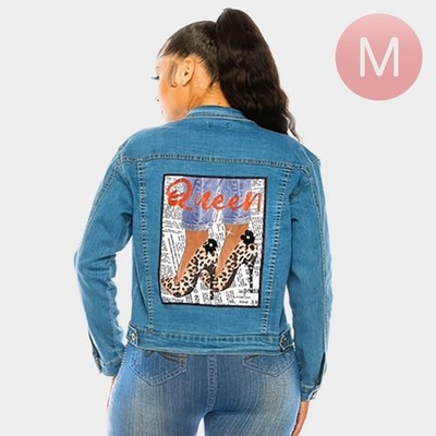 Queen High Heel Shoes on Back of Denim Jacket Glitter QUEEN Lettering Size M