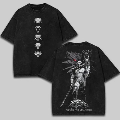 Men's Vintage ''Silver for Monsters'' The Witcher Graphic T-Shirt - Shortsleeve