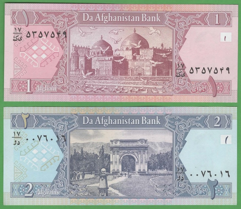 Afghanistan 1 + 2 Afghanis UNC Banknotes 2002 P-64 P-65 Set of 2 Notes ...