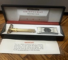 Rasoio Gillette Aristocrat Adjustable H4 (1962) Placcato Oro Come Mai Usato Box