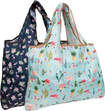 Wrapables Eco-Friendly Large Nylon Reusable Shopping Bags Large, Flamingo Fun 