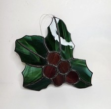 Stained Glass 5.5" Hanging Handmade Holly Suncatcher For Christmas Or Winter