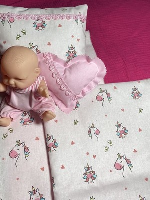 Puppenbettwäsche für Puppenwagen Wiege Lauflernwagen Einhörner rosa 40x20