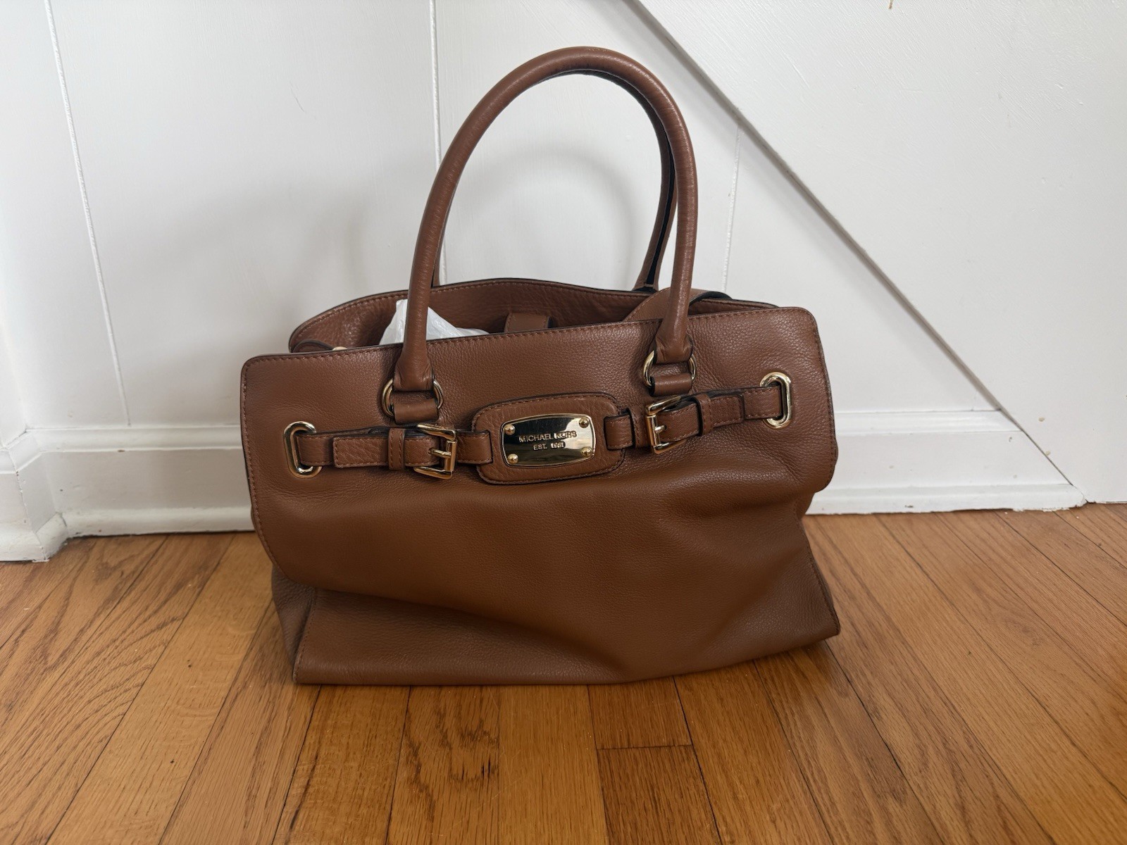 Michael Kors Hamilton Large Camel Brown Leather Satchel Handbag Shoulder Tote
