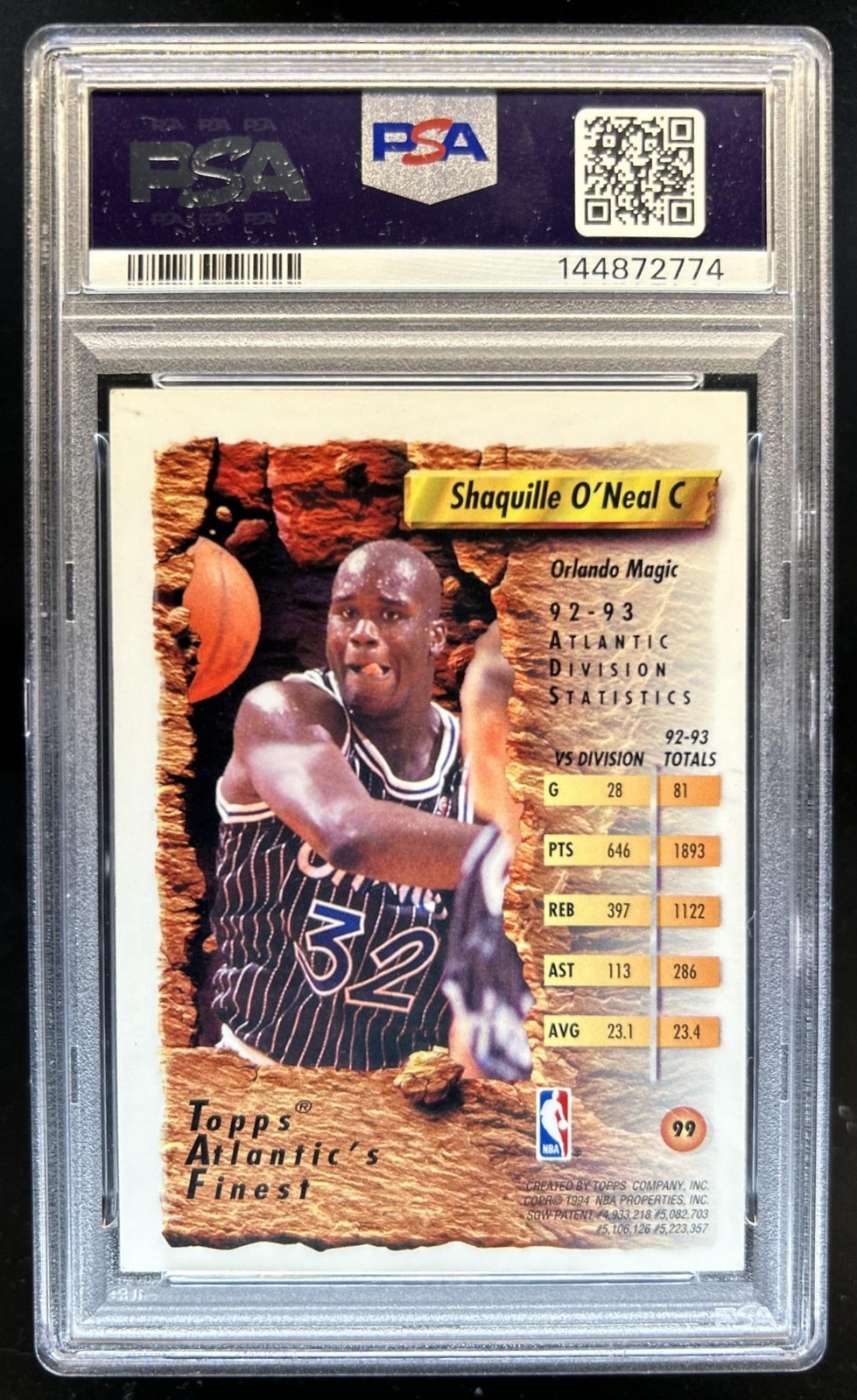 1993-94 Topps Finest Shaquille O'Neal #99 Magic PSA 5 view 2