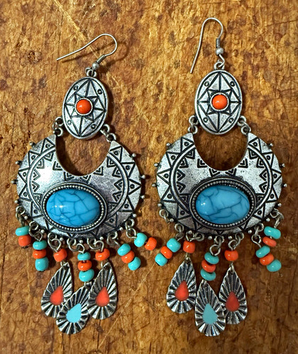 Silver Tone Etched Crescent Dangle Hook Earrings Turquoise Blue & Orange Beads