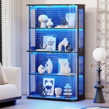 67" Large Rounded Display Cabinet with Glass Doors, Curio Cabinet with LED Light