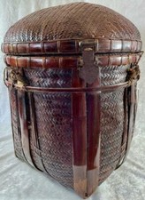 LARGE AUTHENTIC ANTIQUE HANGING CHINESE HANDWOVEN RICE BASKET