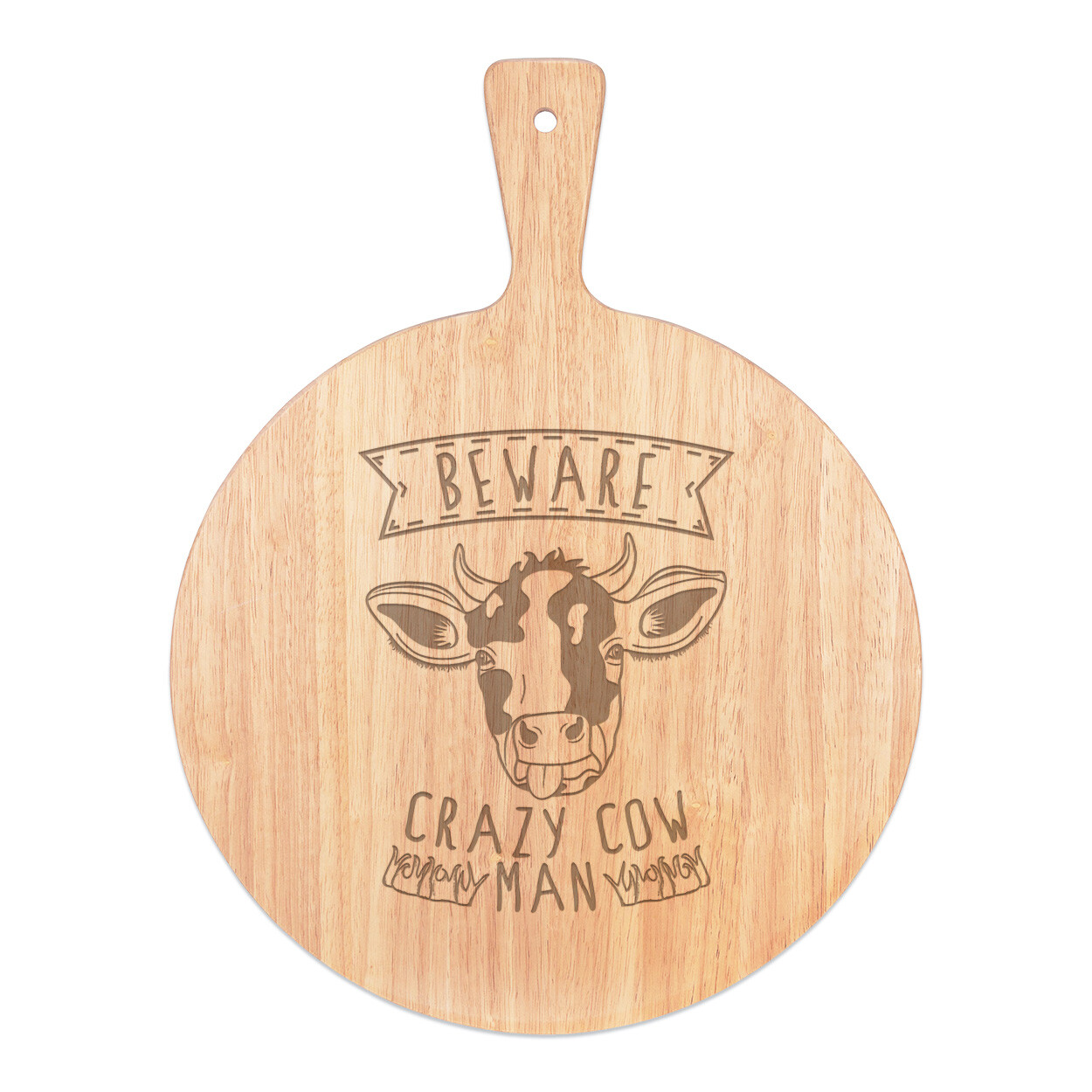 Beware Crazy Cow Man Pizza Board Paddle Wooden Funny Animal Joke