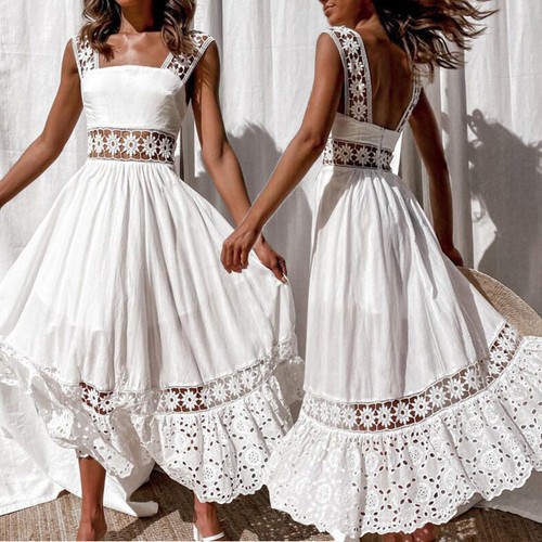 Damen Sommerkleid Maxikleid Party Strandkleid Spitze Abend Einfarbig Neu ≌