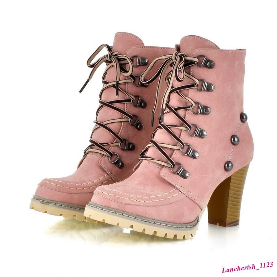 Rivet Women's Ankle Boots Lace Up Rivet High Top Chunky Heels Round Toe Shoes - Image 3 of 4