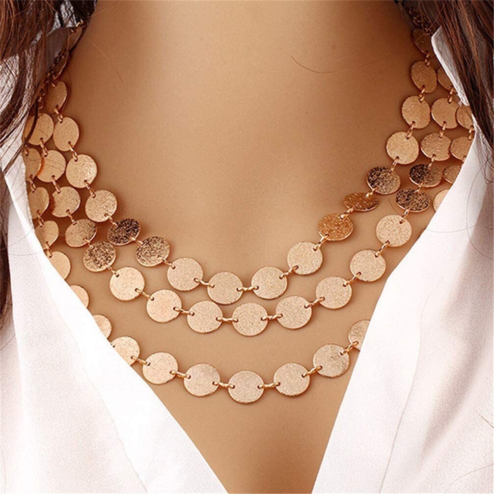 Statement Multi-Layer Gold Choker Necklace Round Charm Sequins Gold Coin