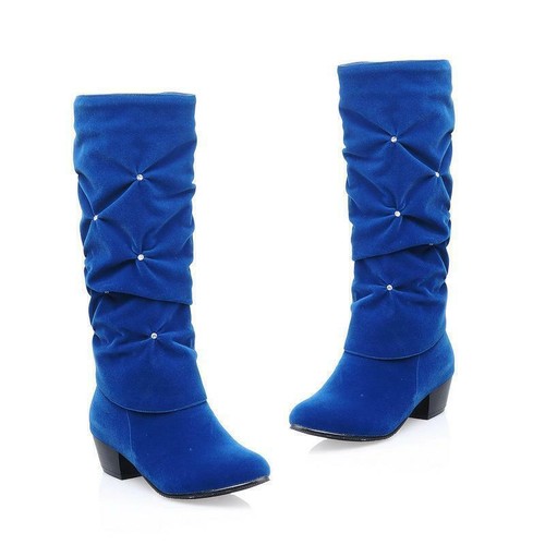 Strass Damen Wildleder halbhohe Stiefel halbhoher Blockabsatz Schuhe Ritter Überziehen Größe - Bild 1 von 21