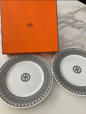 Hermes H Deco Dinner Plate Set of 2 white porcelain Dessert 22 cm