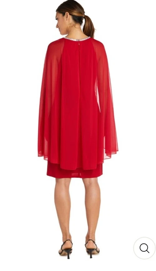 R&M Richards 红色雪纺连衣裙水钻领和透明 Capelet 尺寸 16W — 第 3/4 张图片