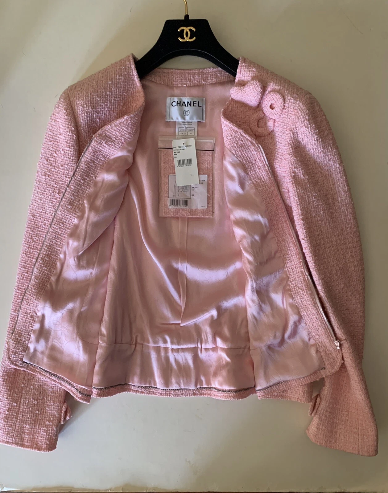 Giacca tweed rosa rosa Chanel COCO ? cuore taglia 46 nuova con etichetta