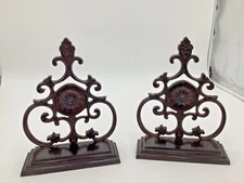 Cast Iron Fleur De Lis Bookends Unique Design Flower Center Brown