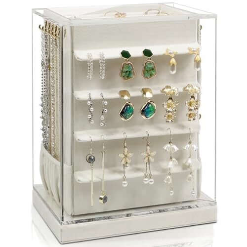 Jewelry Box 360° Rotating, Jewelry Organizer with 5 Drawers, Vertical Beige-image