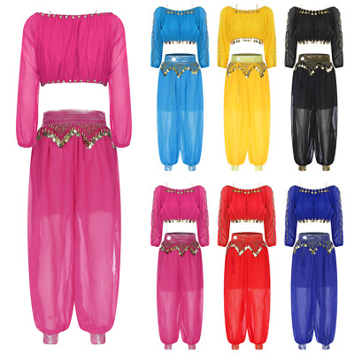 Women Crop Top Side Split Costume Set Sequined Beaded Pants Harem Trousers