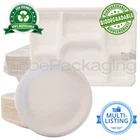 STRONG BAGASSE BIODEGRADABLE DISPOSABLE PLATES ROUND & THALI *ALL SIZES/QTY'S*