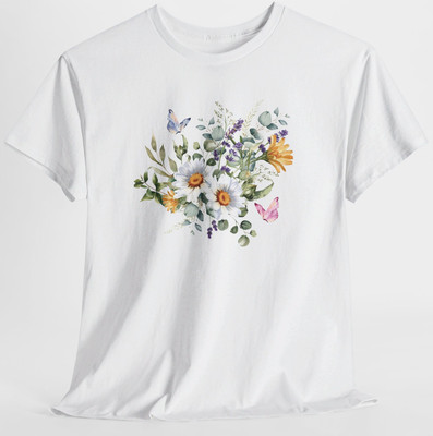 Daisy Top Floral Pink Blue Butterfly Gift Tee White Shirt S-XL, Plus 2X 3X 4X 5X