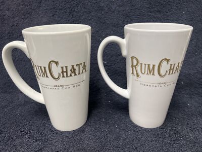 2 Rum Chata Horchata Con Ron 14oz Ceramic Coffee Mugs 6'' Tall White w/Gold Print
