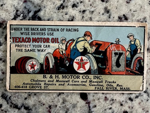 Antique Original 1915 Texaco Oil Race Car B&H Motor Co Ink Blotter Fall River MA