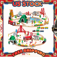 112-Piece Wooden Train Set for Toddler Double-Sided Train Tracks, Compatible