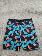 Hurley Board Shorts Mens 32 Black Floral Print Drawstring 8" Inseam