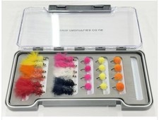 Barbless Trout Flies , 24 BARBLESS Egg and Hot Blob Flies, stunning slimline box