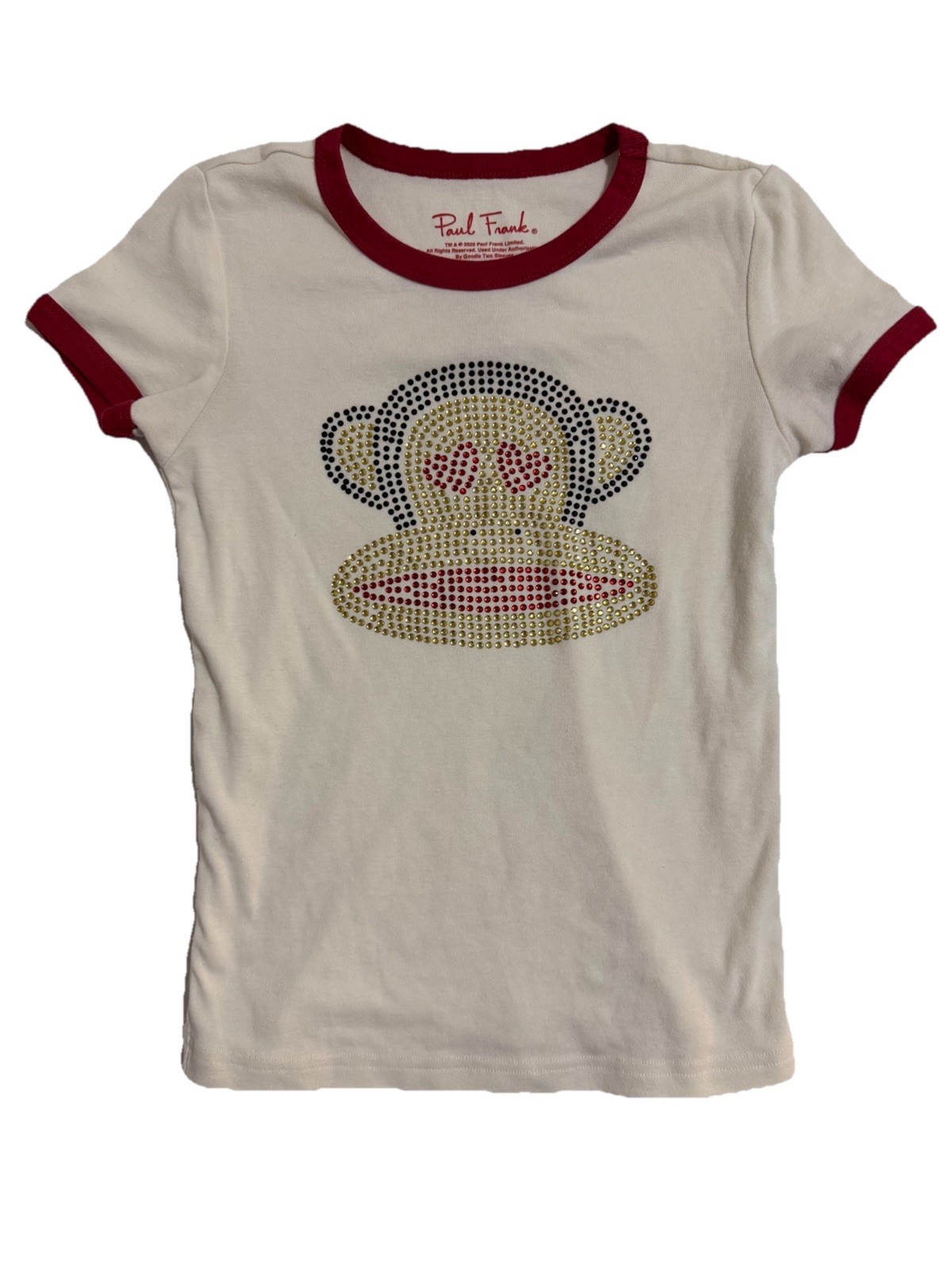 Paul Frank Julius Monkey Rhinestone Ringer Tee Girls Size 11/12 White Red Y2K