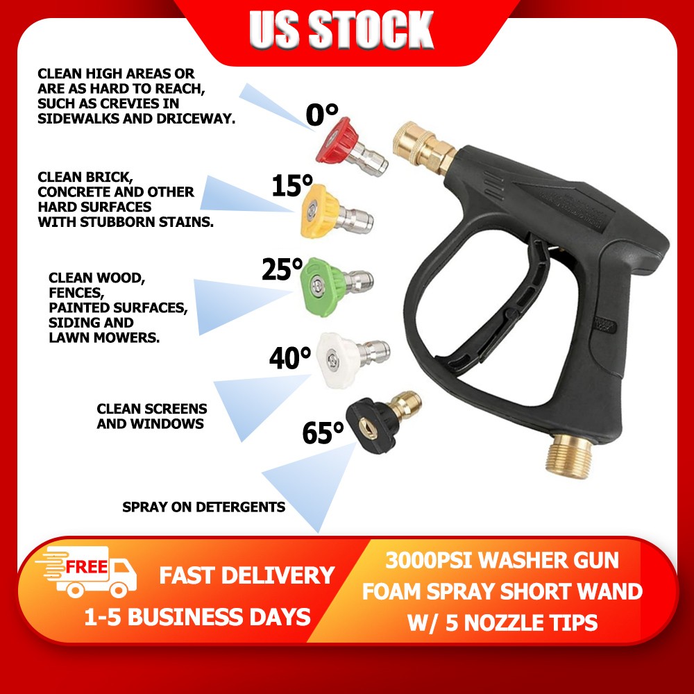 1/4" High Pressure Washer Gun 3000 PSI Car Wash Foam Spray Short Wand w/ Nozzles