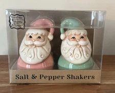 Johanna Parker Transpac SANTA Pastel Pink & Green Salt Pepper Shakers Christmas