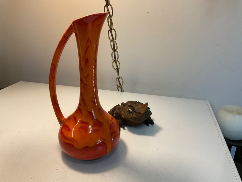 Retro Art Pottery Orange Red Mottled Glaze MCM Pitcher Vase 9 in. Haeger ? Nice!