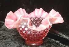 Vtg Fenton Cranberry Opalescent Hobnail Vase Ruffled Edge Bowl 4" Tall 7" Wide