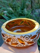 Vintage Bohemian Cased Art Glass Cut White Amber Jewels Gold Rim Ashtray Czech